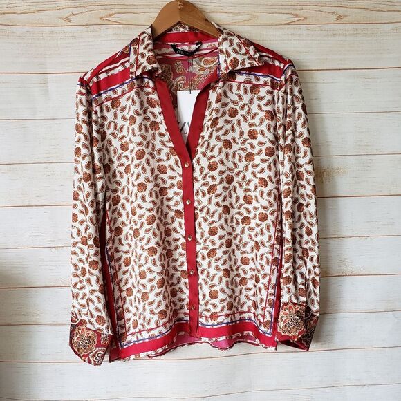 Zara Paisley Floral Printed Satin Button Front Shirt Blouse Women's Medium - Picture 8 of 16